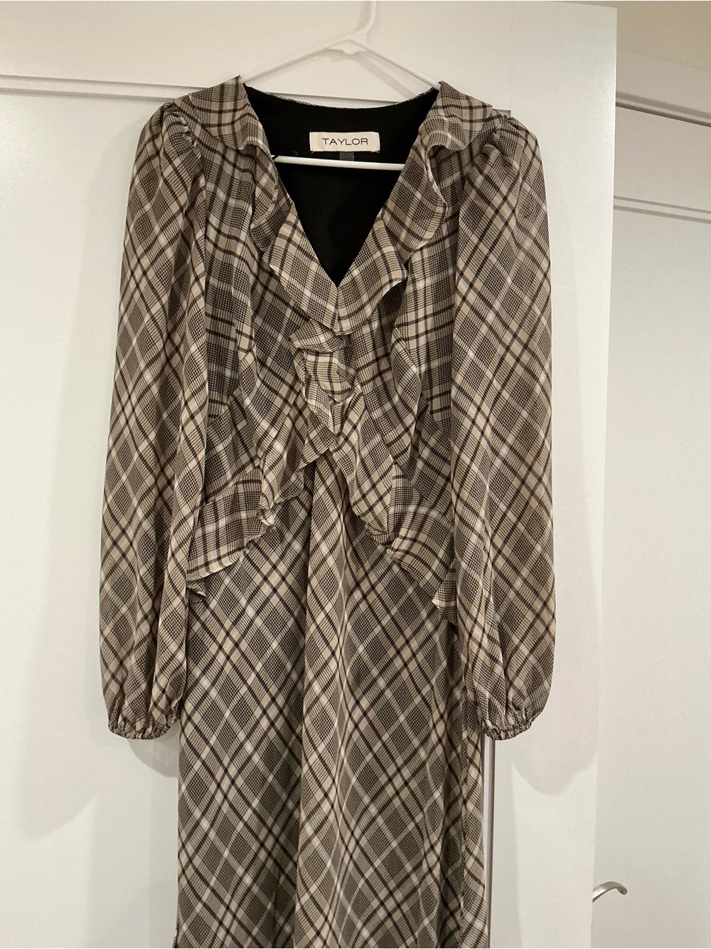 Taylor Olive Plaid Long Sleeve Ruffle Midi Dress with Taupe Accents - Picture 3 of 5